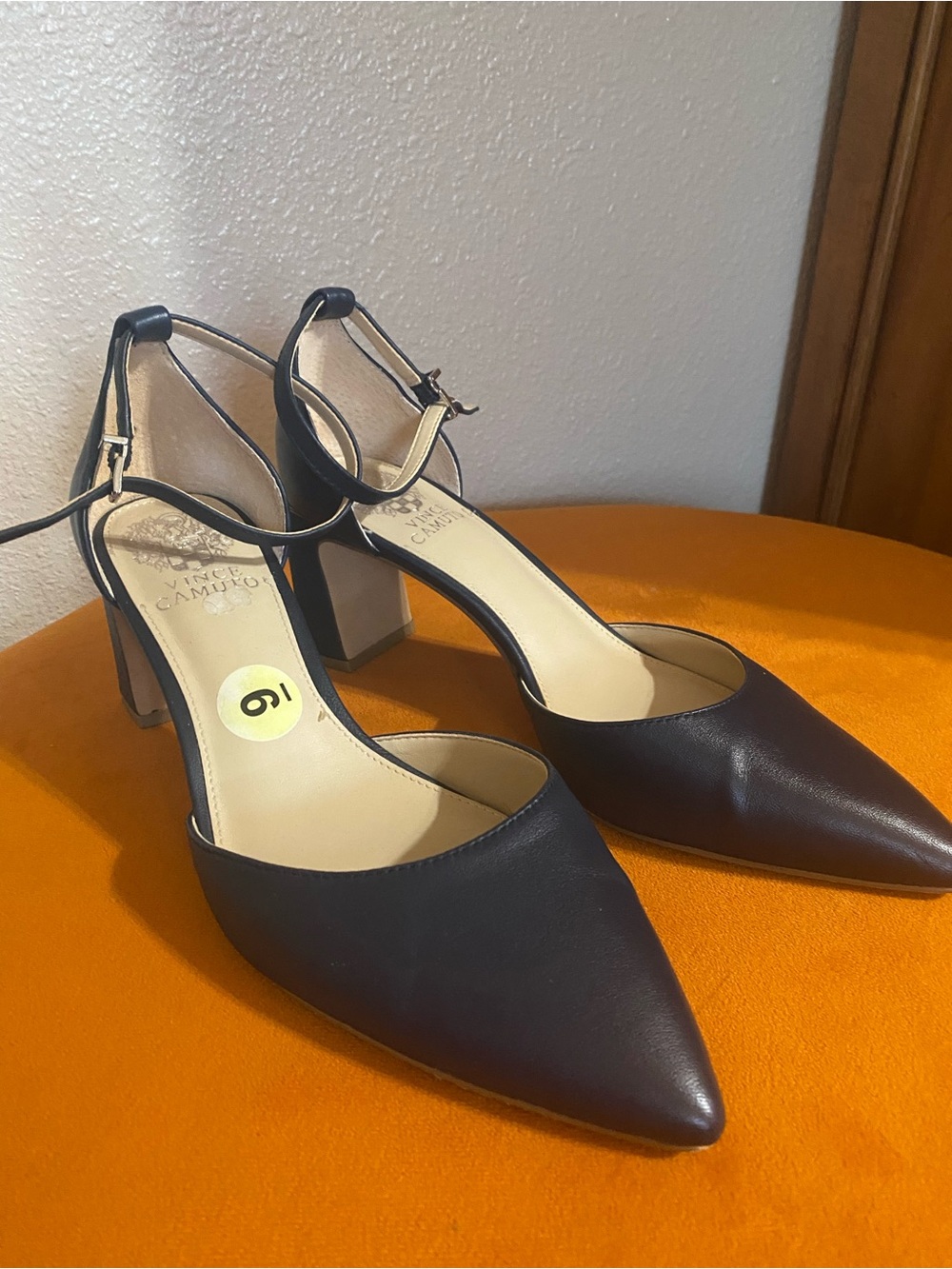 Vince Camuto Black Pointed Ankle-Strap Block Heel Pumps